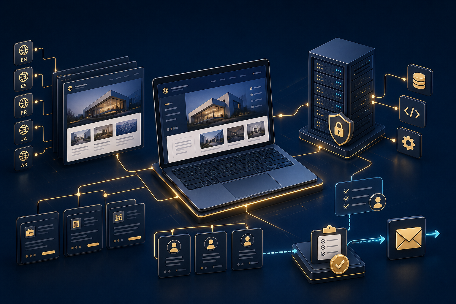Multilingual portfolio connected to a secure server, opportunity discovery and an approved email workflow