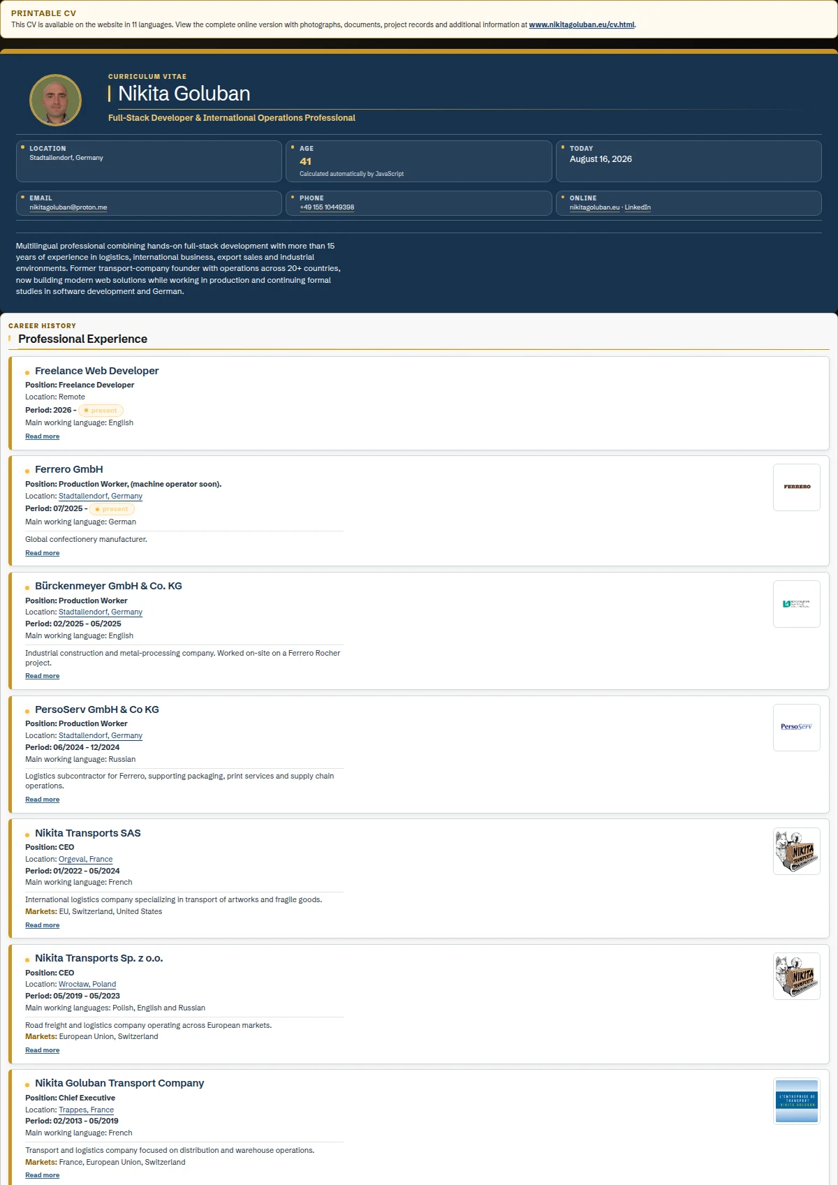 Preview of Nikita Goluban’s PDF CV showing concise employment entries with Read more links to detailed portfolio pages