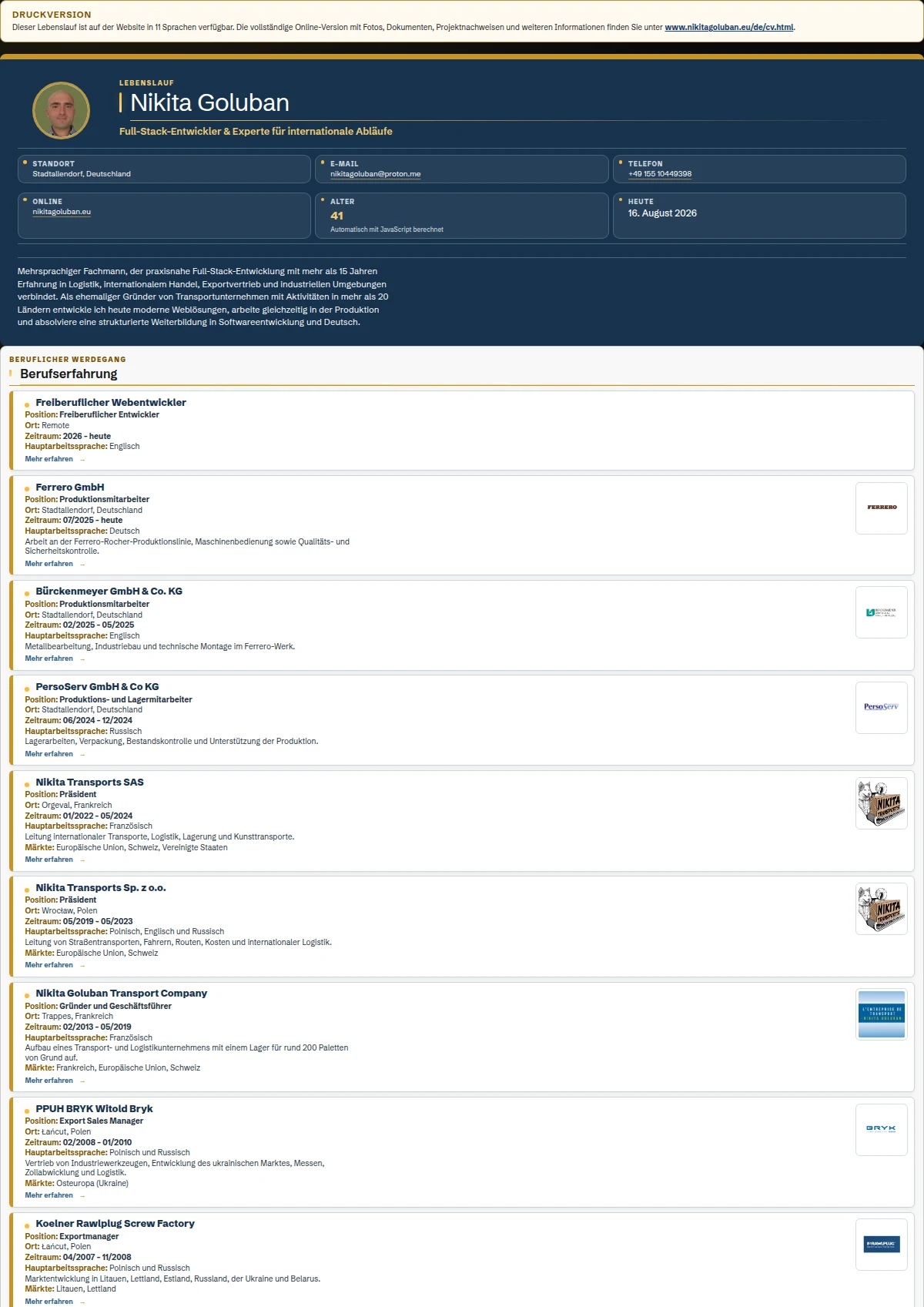 Vorschau von Nikita Golubans deutschem PDF-Lebenslauf mit kompakten Berufsstationen und direkten Links zu ausführlichen Portfolio-Seiten
