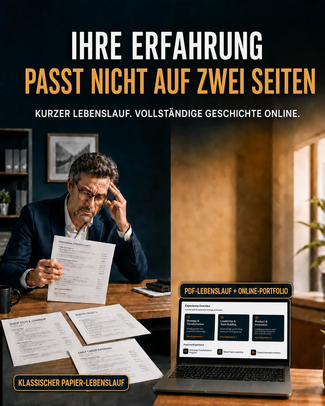 Papierlebenslauf im Vergleich mit einem PDF-Lebenslauf und einem Online-Portfolio