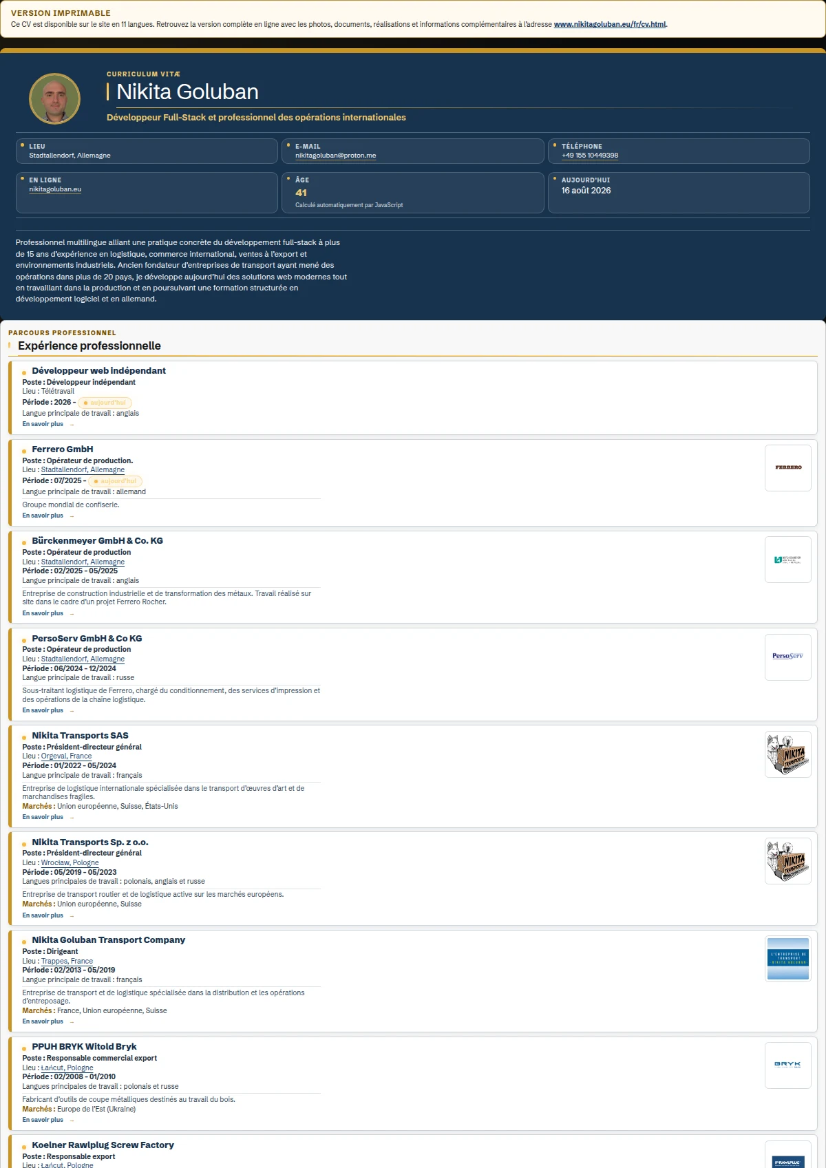 Aperçu du CV PDF français de Nikita Goluban avec des expériences synthétiques et des liens directs vers les pages détaillées du portfolio