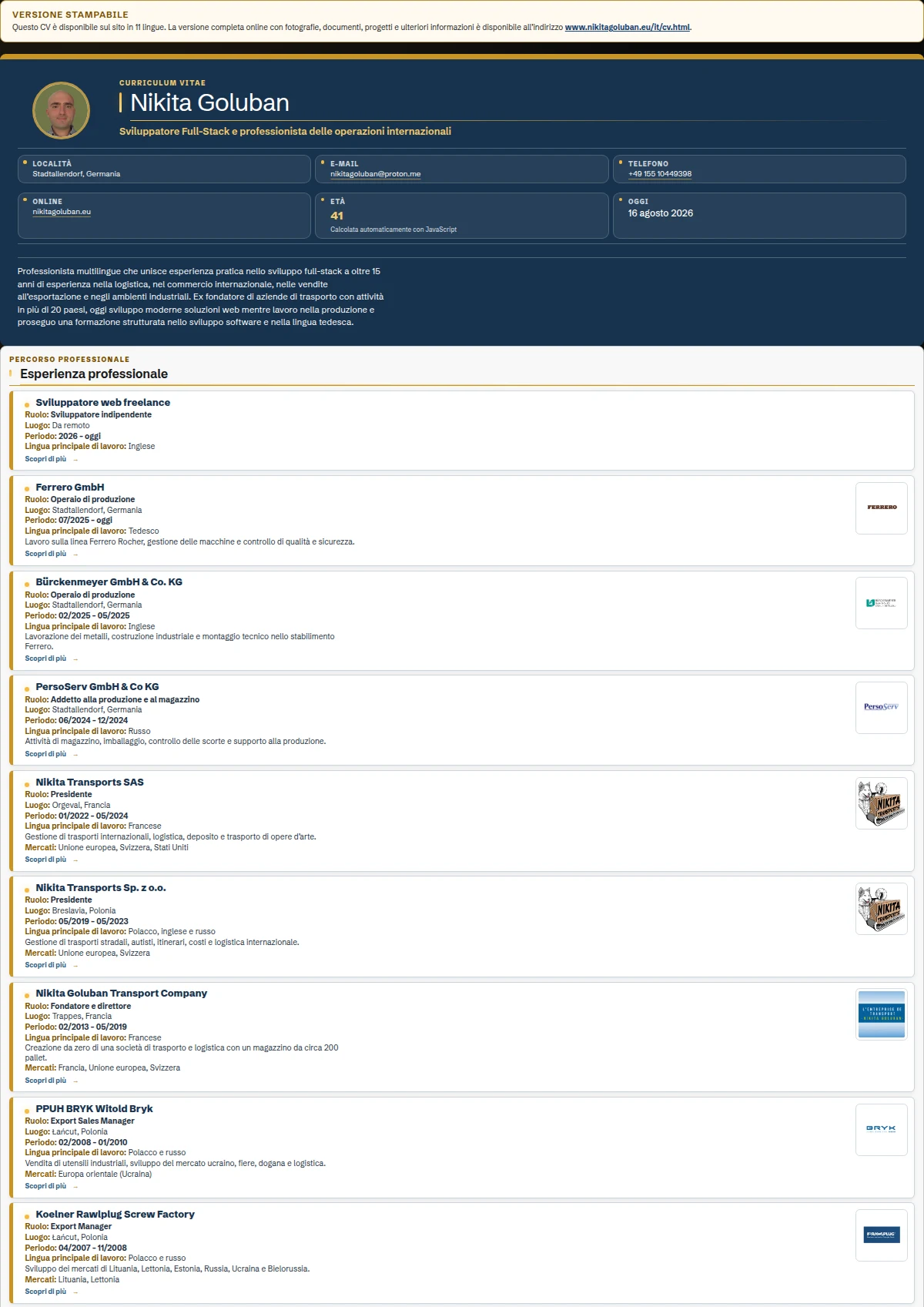 Anteprima del CV PDF italiano di Nikita Goluban con esperienze sintetiche e link diretti alle pagine dettagliate del portfolio