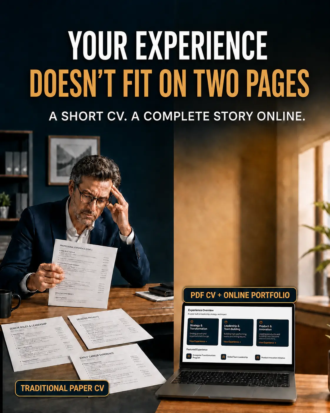 Traditional paper CV pages compared with a PDF CV and online portfolio