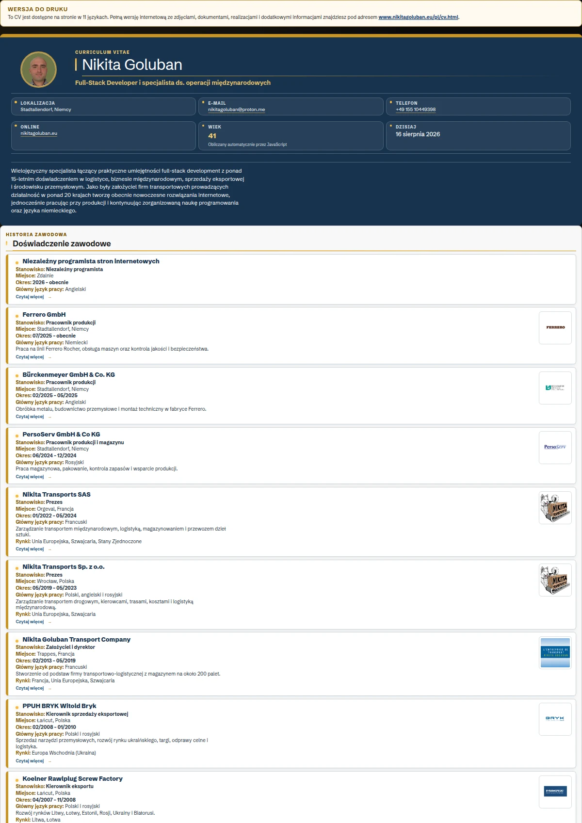 Podgląd polskiego CV PDF Nikity Gołubania ze zwięzłymi opisami doświadczenia i bezpośrednimi linkami do szczegółowych stron portfolio